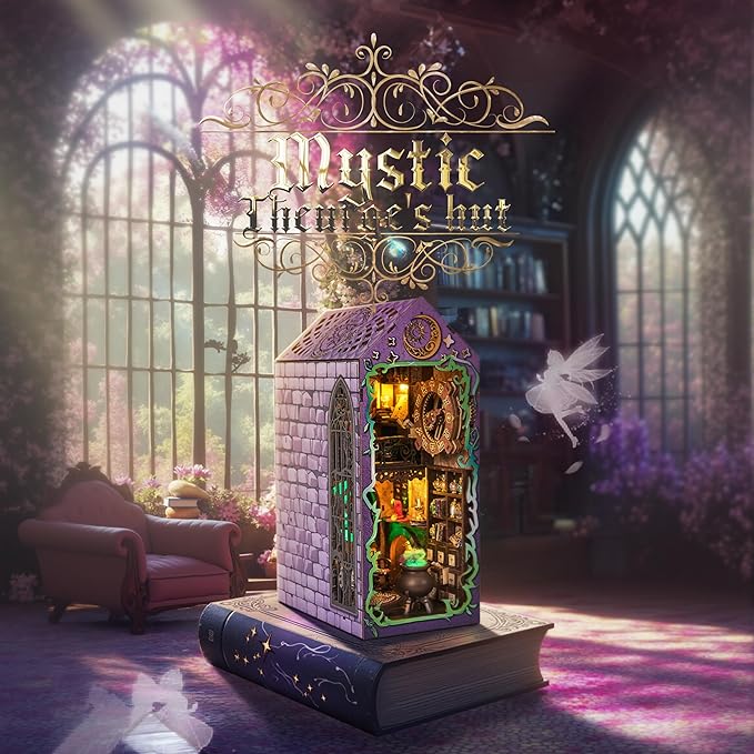 [2025 New] Mystic Theurge's Book Nook Kit with Dust Cover & LED Light, DIY Miniature House Kit Toy, 3D Wooden Puzzle Bookshelf Decor Building Kit, Birthday Gifts for Family & Friends