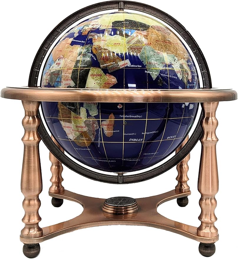 Limited Edition! Unique Art Since 1996 Blue Lapis Table Top Gemstone World Globe with 4 Leg Copper Plated Zinc Alloy Stand (220MM/BLUE OCEAN/4LEG COPPER)