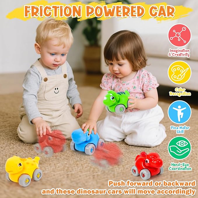 YGJT Toddler Toys for 1-3 Year Old Boys and Girls, Dinosaur Slide with 4 Dino Cars Montessori Toys Set for Baby 12-18 Months, Educational First Birthday Gifts Learning Push Track for Children Ages 1-3