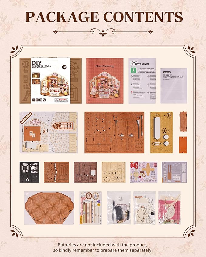 ROBOTIME DIY Miniature House Kit, Elsa’s Tailoring Dollhouse Kit, Mini Wooden Furniture Kit for Adults, Sewing Shop Building Model, Creative Craft Gift for Birthday/Christmas/Hobby Enthusiasts