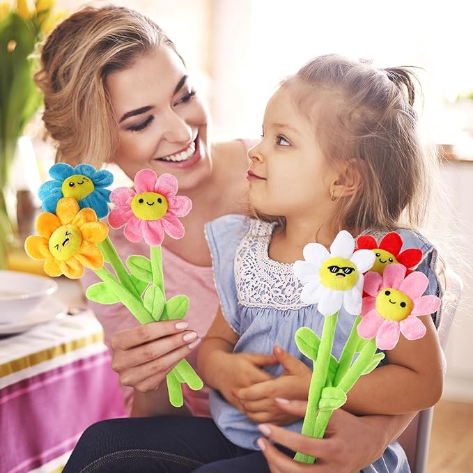 18 Pcs Plush Smile Flower Stuffed Bendable Stems Plush Bouquet Toy Soft Floral 12.6 Inch for Graduation 2025 Mother's Day Valentines Day Girl Girlfriend Wife Family and Friends(Lovely Style)