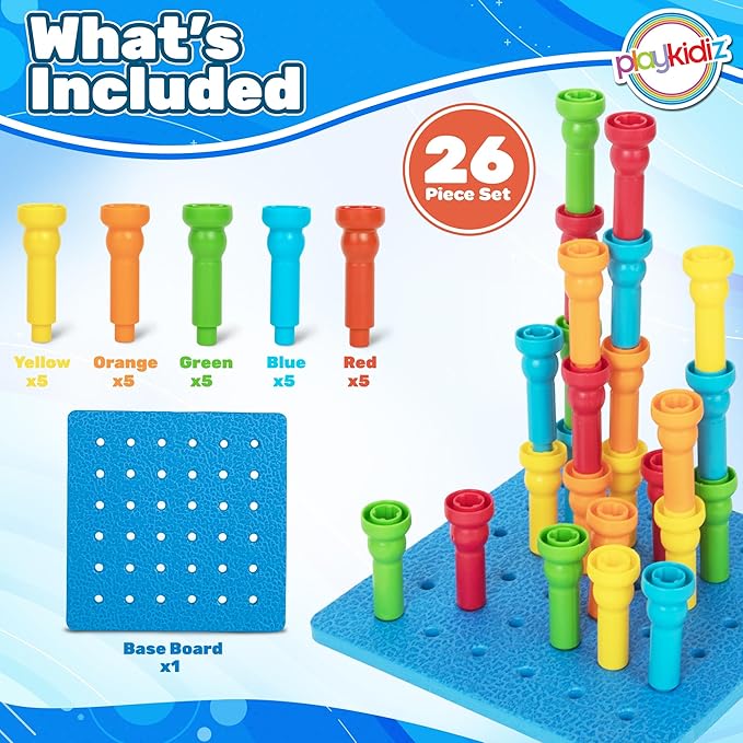 Play Build Peg Board Toy for Kids, 25 Colorful Pegs with Foam Board, Stacking Pegboard Set, Toddler Learning Toys for Ages 3+, Montessori, Educational, Therapy Toy for Boys & Girls