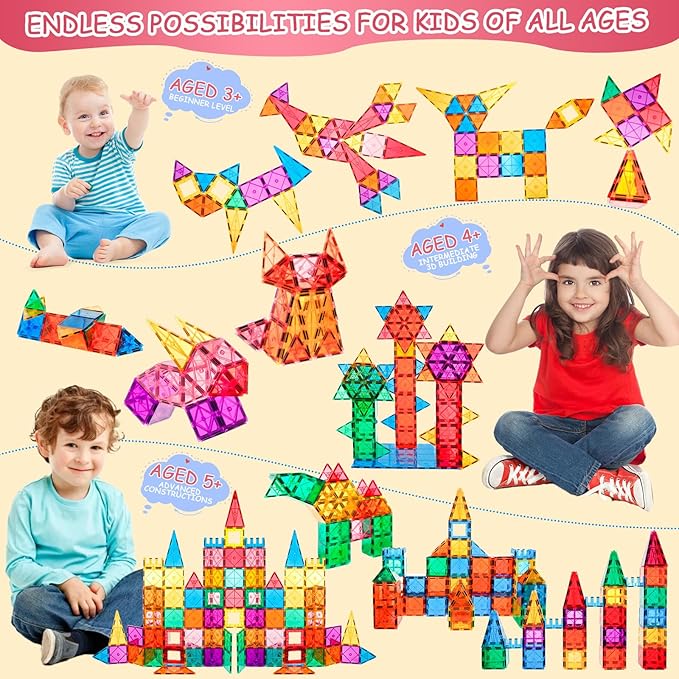 Magnetic Tiles for Kids, Magnetic Blocks Building Toys, 3D Magnet Tiles Preschool Educational Stacking STEM Toys for Toddlers Kids 3 4 5 6 7 8-12