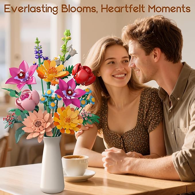 Flowers Bouquet Building Set, 887 Pcs with Flower Artificial Roses for Home Office Decoration, Gift for Mother's Day, Valentine's Day and Kids 6+/Adults Birthday