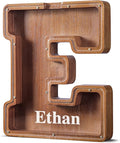 Summidate Customized Name Extra Large Wooden Piggy Bank for Kids Boys Girls Alphabets Letter A-Z Coins Bills Money Change Bank Initial on Clear Cover (Laser Engraved) Educational Toys 12"- Letter E