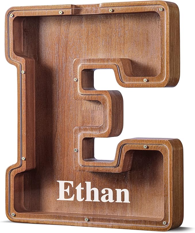 Summidate Customized Name Extra Large Wooden Piggy Bank for Kids Boys Girls Alphabets Letter A-Z Coins Bills Money Change Bank Initial on Clear Cover (Laser Engraved) Educational Toys 12"- Letter E