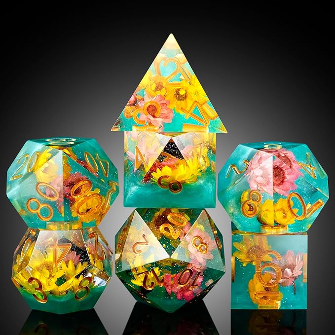 Flower DND Dice DNDND Handmade Resin Sharp Edge D&D Die with Gift Case for D&D Dungeons and Dragon Tabletop Games (Daisy Flower)