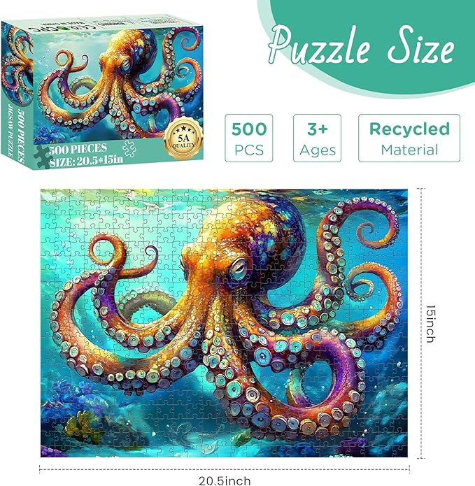 500 Piece Jigsaw Puzzle for Adults, Octopus Jigsaw Puzzle, Underwater World Ocean Theme Jigsaw Puzzles for Adults Seniors, Fun Challenging Family Games Holiday Party Gifts 20.5×15 in