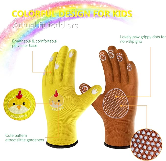 COOLJOB Breathable Toddler Work Gloves for Gardening Boy Girl Ages 6-9 Large, Nylon Kids Garden Gloves with Grip, Children Yard Gloves for Digging Weeding Landscaping, Yellow & Brown, 2 Pairs