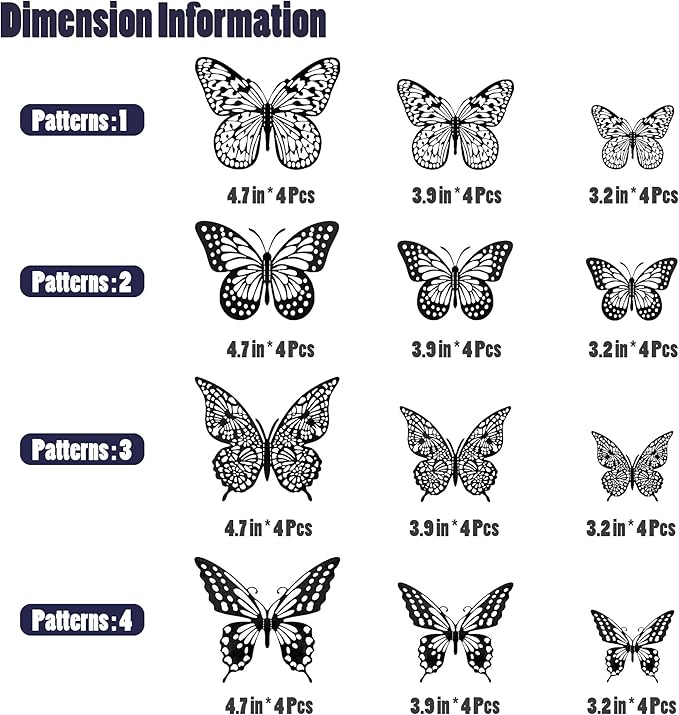 SAOROPEB 3D Butterfly Wall Decor - 48 Pcs, 4 Styles, 3 Sizes - Gold Butterfly Decorations for Birthday and Party Cake Decorations - Removable Stickers (Black)
