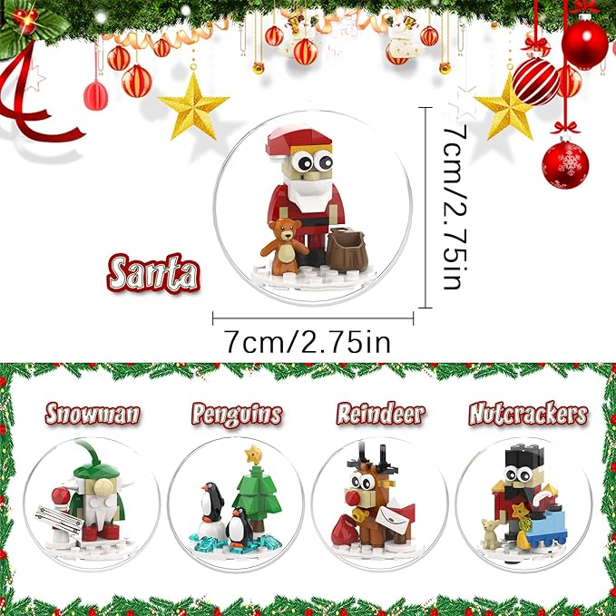 Christmas Tree Ornaments Building Blocks Christmas, 2025 Christmas Decorations Ball Toys Included Santa Reindeer Nutcracker Gnome Penguin, Xmas Ornaments for Indoor Outdoor 5packs