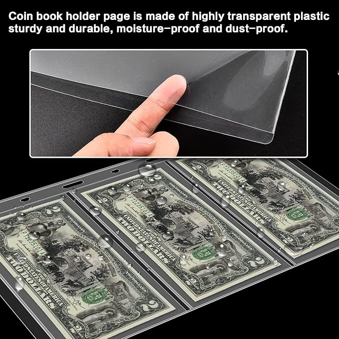 12 Sheets Paper Money Collection Supplies Pages, Currency Collecting Book Album Sleeves, 36 Pocket Money Stamp Page Holders for Standard 9-Hole Coin Collector Binder, 3 Pockets/Sheet