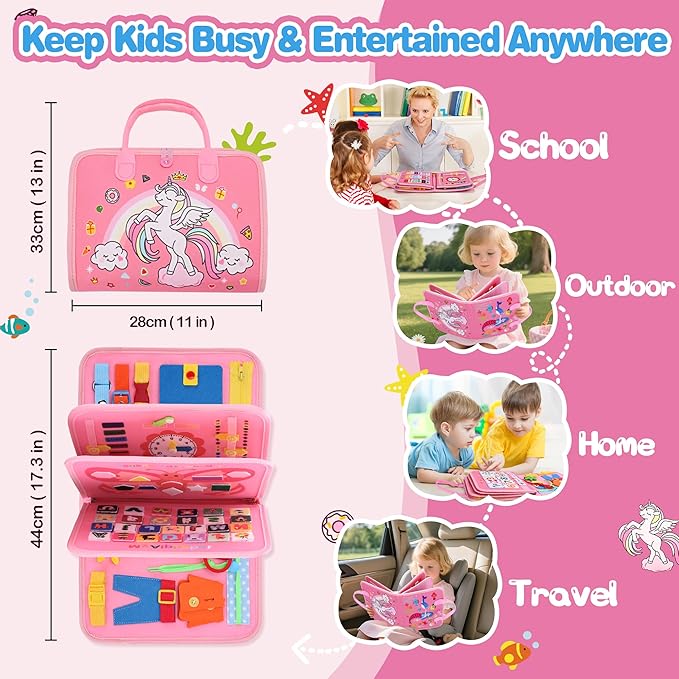 Busy Book Toddler, Montessori Busy Board, Activity Sensory Toys 2025 for Toddler Girls Christmas Birthday Gift, Educational Learning Quiet Book for Kids, Travel Toy for Airplane Car