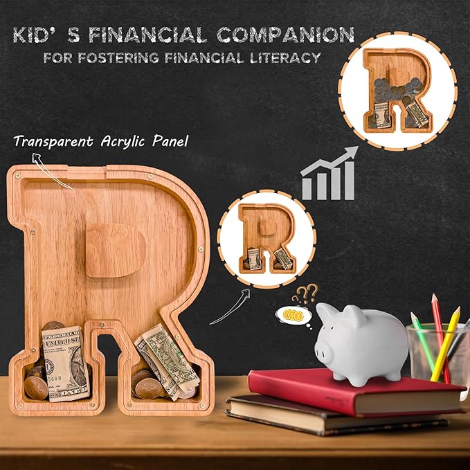 Wooden Letter Piggy Bank for Kids Larger Letter Piggy Bank for Boys and Girls Personalized Piggy Bank Initial Coin Bank Wood Kids Money Bank for Birthday and Festival