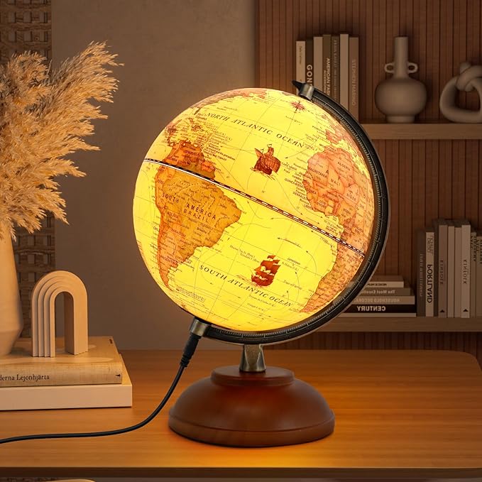 Illuminated Globe of the World with Wooden Stand, 8'' Vintage World Globe Built in LED Night Light for Kids&Adults' Geography Learning, Decor for Home Office Classroom