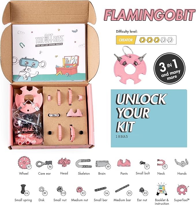 The Off Bits Erector Set: Animal Mini STEM Toys for Kids 6+, Toy Building Sets with Nuts & Bolts, STEM Building Toys Gifts for Boys and Girls (Pink Flamingo)