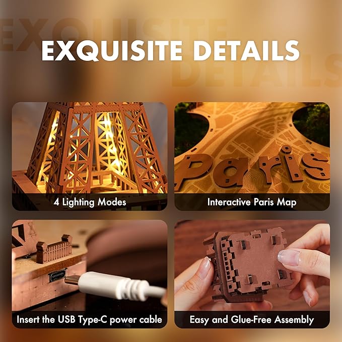 ROBOTIME 3D Puzzle for Adults DIY Model Building Kit with LED Light Wooden Eiffel Tower Craft Kit Architecture Toy Set Brain Teaser Gifts for Friend
