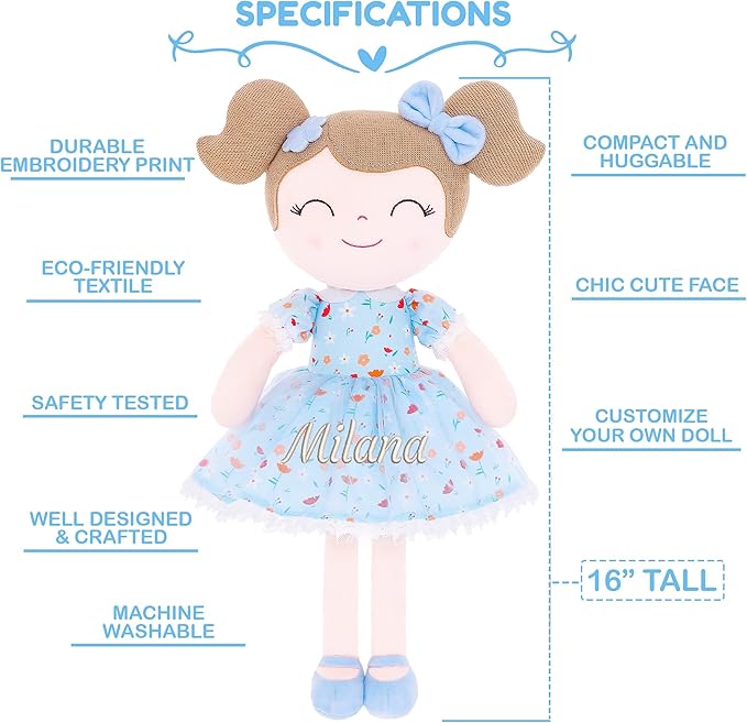 Gloveleya Personalized Doll with Embroidered Name - Floral Blue Custom Plush Doll for Girls Cute Plush Doll Customized Gift - Muñecas de Trapo Personalizadas para Niñas
