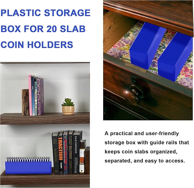 Plastic Coin Slab Storage Box – 20-Slot Coin Holder Organizer Case Fits for PCGS NGC PMG PCCB Slabs, Secure Coin Collection Box for Collectors, Home, Office, Bank Use (Box Only, Blue)