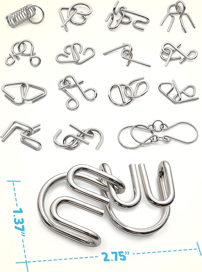 Coogam Metal Wire Puzzle Set of 16 with Pouch,Brain Teaser IQ Test Disentanglemen Iron Link Unlock Interlock Game Chinese Ring Magic Trick Toy for Party Favor Kids Adults Challenge