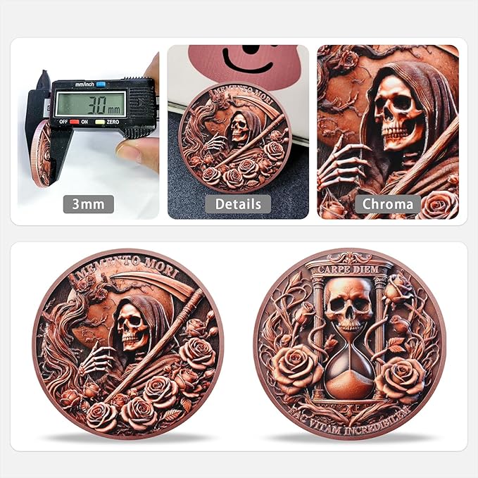 AtSKnSK Memento Mori Coin Momento Mori Coin Skull Coin Stoic Gifts Memento Mori Calendar Living Memento Mori Amor Fati Coin (Dead Tree Rose Skeleton)