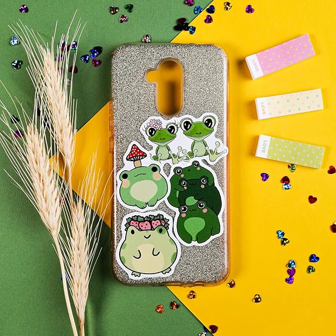 BulbaCraft Kawaii Frogs Stickers Set, 50 Pcs Green & White Vinyl Decals for Kids, Waterproof, Scratch Resistant, Indoor Usage, Single Use, Water Bottle, Laptop, Scrapbook, Journal, Frog Theme