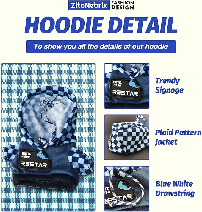 Cloth for Doll, 5-Piece Blue Streetwear Outfit for 17cm &15cm(NO Doll) – Trendy Blue Coordinated Set + Headband + Scarf + Jacket & Pants + Canvas Shoes-Handmade