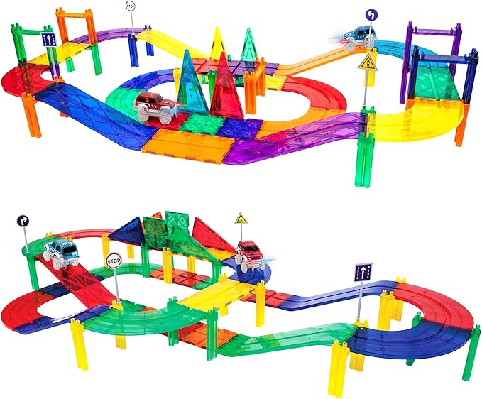 PicassoTiles 50pc Racecar Track Magnetic Tiles Educational Kids Toy with 2 Light Up Trucks STEM Preschool Learning Magnet Tile Toddler Toys Boys Girls Ages 3+ Blocks Game Puzzles Build Playset PTR50