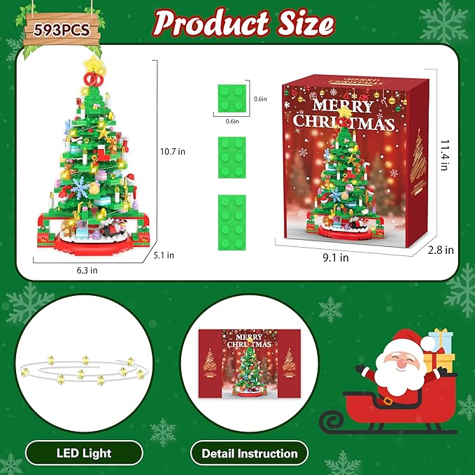 Flyart Christmas Tree Building Blocks, Toy Building Sets with LED Light, Christmas Tree Building Bricks with Christmas Train, Stocking, Snowflake, Xmas Gifts for Kids Adults Teens