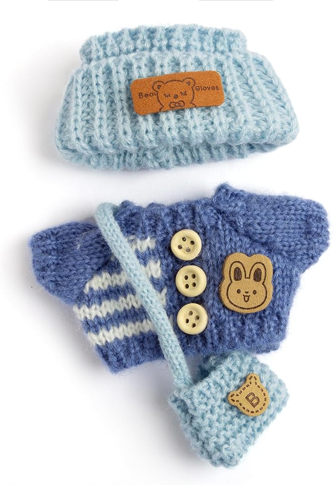 17cm Doll Outfits for Labubu - Kawaii Chic Style Set for 17cm Dolls, Cute Doll Clothes with Accessories -Button Up Stripe Blue Sweater + Blue Hat + Blue Bag (Clothes Only)