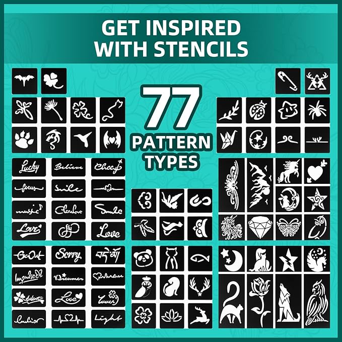 Temporary Tattoo Markers for Skin, 16-Count Body Markers+77 Large Tattoo Stencils of Assorted Colors for kids and Adults, Flexible Brush Tip, Bright colors, Skin-Safe*, Cosmetic-Grade.