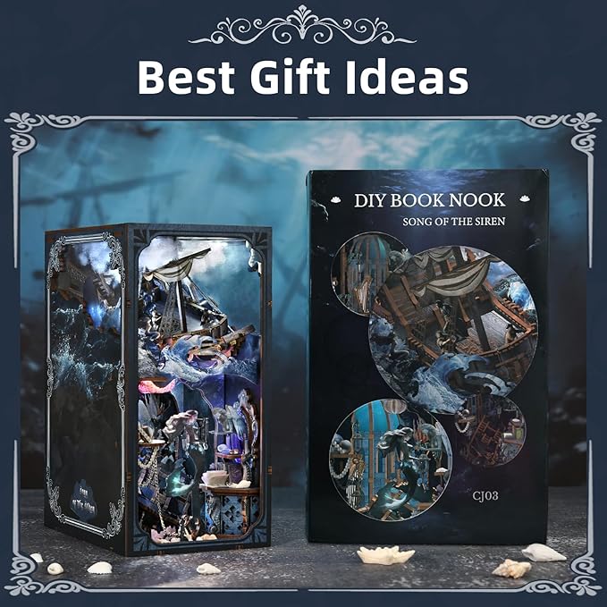 Book Nook Kit, DIY Miniature Dollhouse Book Nook Kit with Dust Cover and LED Light for Teens and Adults (The Song of Sirens)
