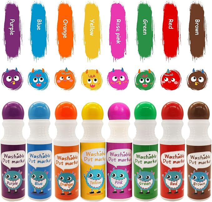 R&DLanci Washable Dot Markers for Toddlers 1-3,8-Colors Dot Markers with 12-Activity Papers,Non-Toxic Bingo Daubers for Toddlers 2-4,Art and Crafts Supplies for Kids,Christmas Gift for Kids ages 2-4