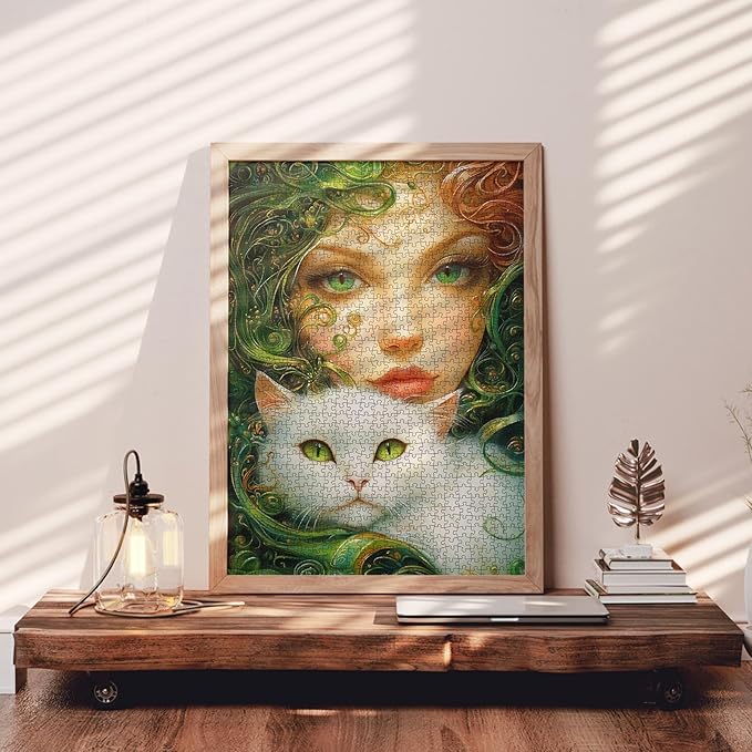 Fantasy Women and White Cat Puzzles for Adults 1000 Pieces Jigsaw Puzzle Green Hair Girl Puzzles Art Challenge Family Game, Kitten Adult Puzzle