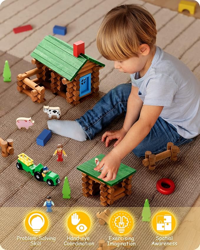 SainSmart Jr. Wooden Log Cabin Set Farm Building House Toy for Toddlers, 122 PCS Classic STEM Construction Kit with Colorful Wood Logs Blocks for 3+ Years Old