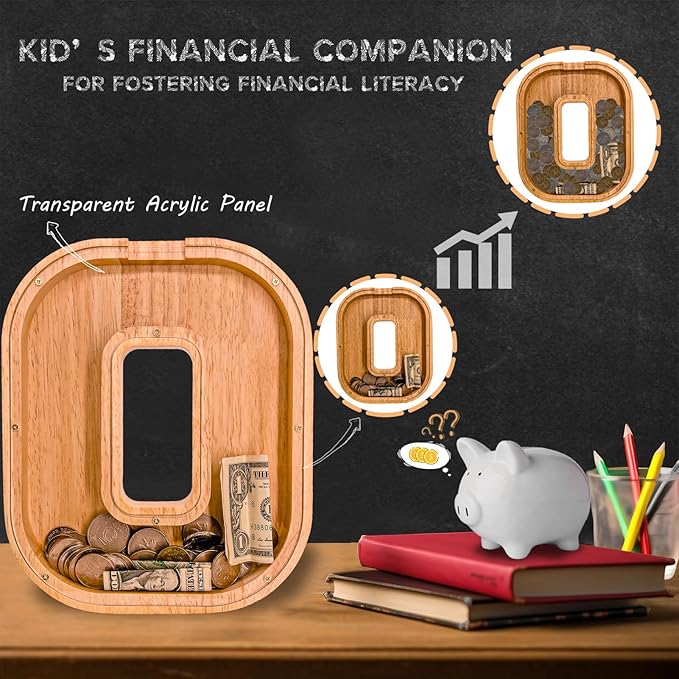 Wooden Letter Piggy Bank for Kids Larger Alphabet Letter Bank for Boys Initial Coin Bank Personalized Piggy Bank Wood Money Save Box for Birthday and Festival-Upgrade 9"" O Piggy Bank
