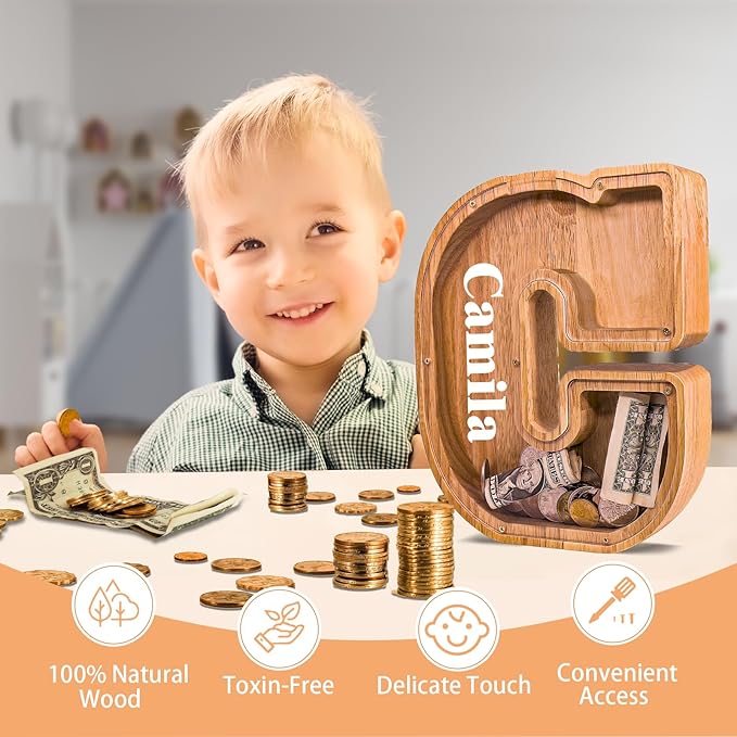 Wooden Letter Piggy Bank for Kids Larger Letter Piggy Bank for Boys and Girls Personalized Piggy Bank Initial Coin Bank Wood Kids Money Bank for Birthday and Festival