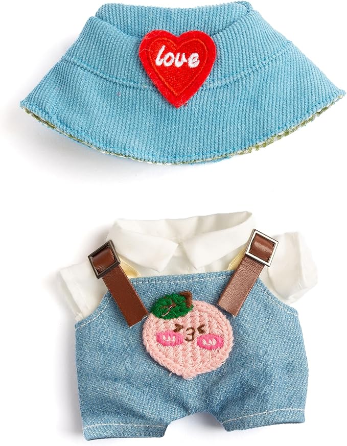 17cm Doll Outfits for Labubu - Kawaii Chic Style Set for 17cm Dolls, Cute Doll Clothes with Accessories - White Shirt + Pink Peach Blue Romper + Heart Shaped Blue Hat (Clothes Only)