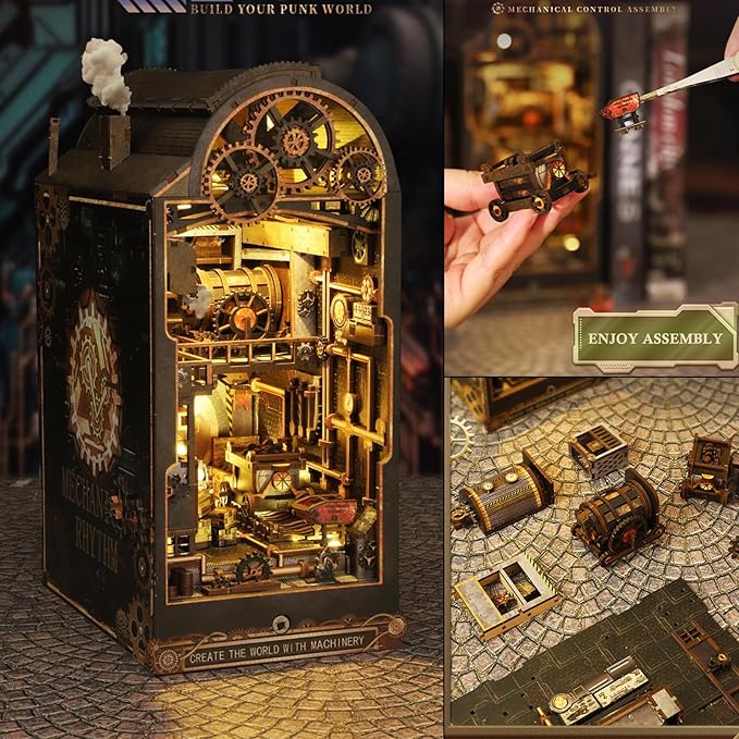 ISSEVE Book Nook Kit, 3D Wooden Puzzle DIY Miniature House Kit for Booknook Shelf Insert Decoration, Magic Book House Stand Bookshelf Dollhouse for Adults with Sensor Ligh (Mechanical Rhythm)