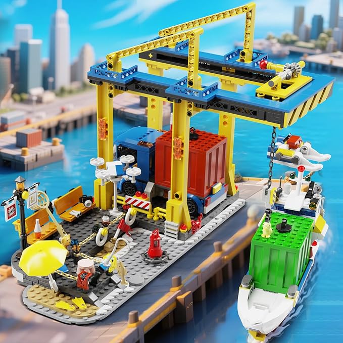 City Seaside Harbor Building Set Compatible with Lego Cargo Ship Boat Toy, Container Crane and Truck, Construction Toy for for Adults Teens Kids Girls Boys 6+