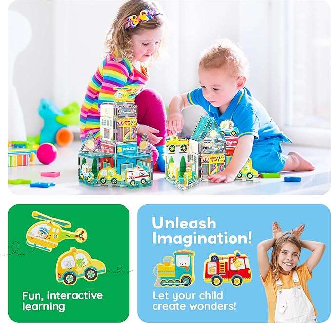 PicassoTiles Magnet Tile Building Blocks Metro City Themed Playset with 8 Character Action Figures Magnetic Tiles STEM Learning Early Education Toy Construction Set Toddlers Boys Girls Ages 3+ PTQ24