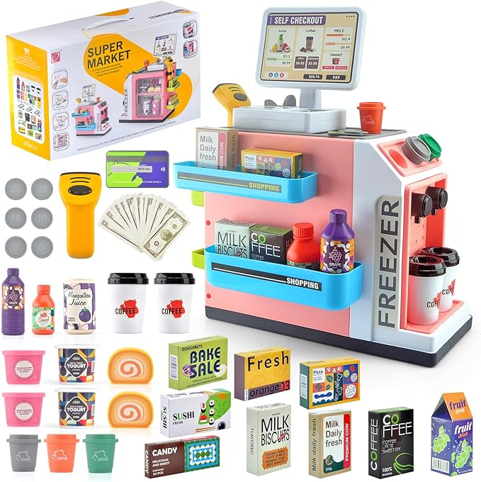 Pretend Play Cash Register Toy Set with Scanner, Play Money, Calculator, Coffee Machine and Play Food for Kids Ages 3+ (Pink)