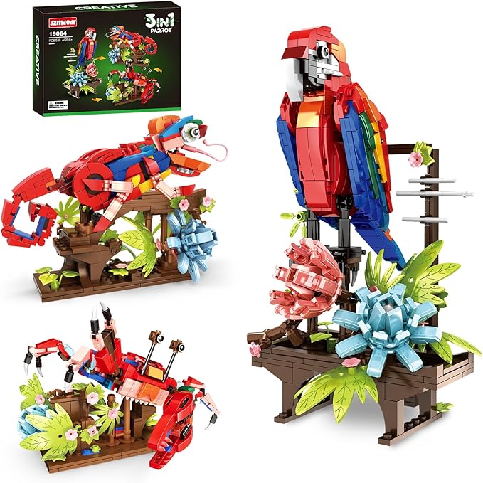 Animal Flowers Building Set for Kids 6+, 3 in 1 Transforms to 3 Different Animal Figures - from Colorful Parrot, to Lifelike Chameleon, to Cute Crab- Perfect for Home Decor & Creative Gifts（538 PCS）