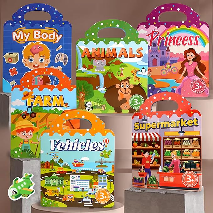 ASTARON 3 Set Reusable Sticker Book for Kids, 3D Stickers Portable Travel Toys and Educational Sensory Learning Toy Toddler Toys 3 4