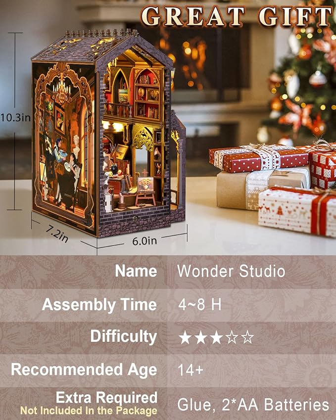 Book Nook Kit – Wonder Studio, DIY Miniature Booknook House with LED Lights, 3D Wooden Puzzle for Adults & Teens, Bookshelf Decor Gift for Family, Friends