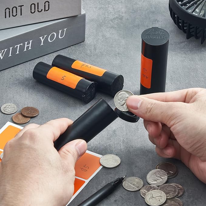 Coin Storage Tubes Set,50 Coins per Tube, Durable Plastic ，Dimes, Black ，a Box 25pcs