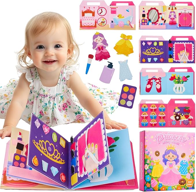 Princess Busy Board for Toddlers 2-4,Montessori Toys for 2 Year Old Girl,Educational Learning Sensory Activities Busy Book,Baby Travel Essentials for Airplane Car,Kid Birthday