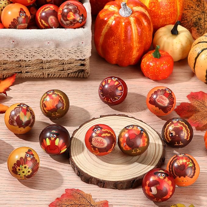 Liliful 30 Pcs Thanksgiving Turkey Stress Ball Bulk 12 Patterns Fall Sensory Stress Relief Balls Thanksgiving Party Favors Bag Filler Stocking Stuffers Gifts for Adults