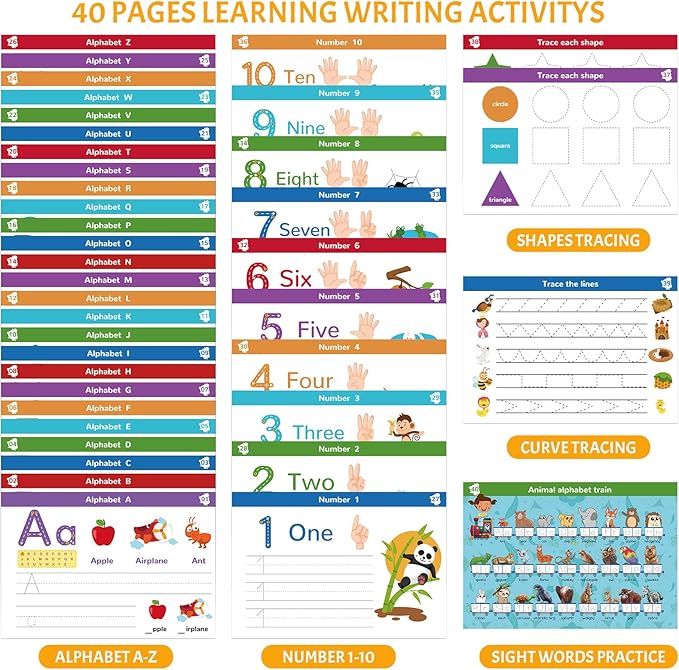 Handwriting Practice Book for Kids, Toddler Preschool Learning Activity for 3 4 5 Year Old, Kindergarten Educational Toys, Montessori Toys Learn Number Letters/ Shapes/ Animal/ Sight Words Workbook