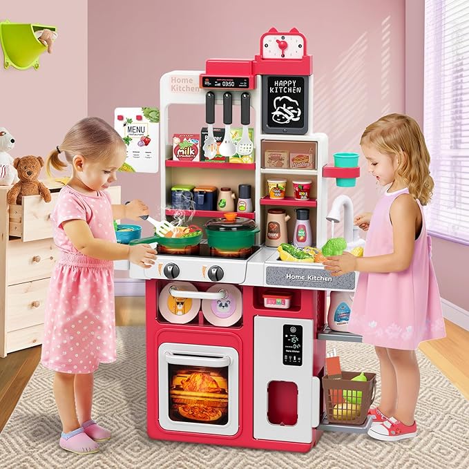 Red Kids Play Kitchen Set, Toddler Kitchen Playset with Sound & Light, Cooking Stove with Steam, Play Sink, Play Food Toy and Kitchen Accessories, Kitchen Toy for Kids Girls Boys - Red